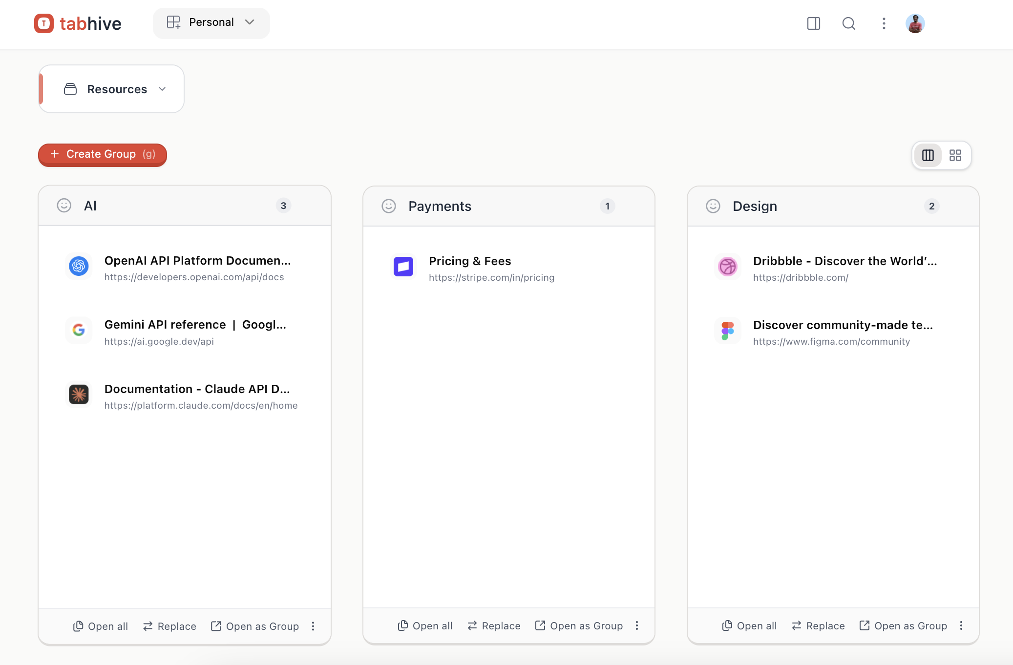 Tabhive Dashboard showing organized tab groups with search and sharing features